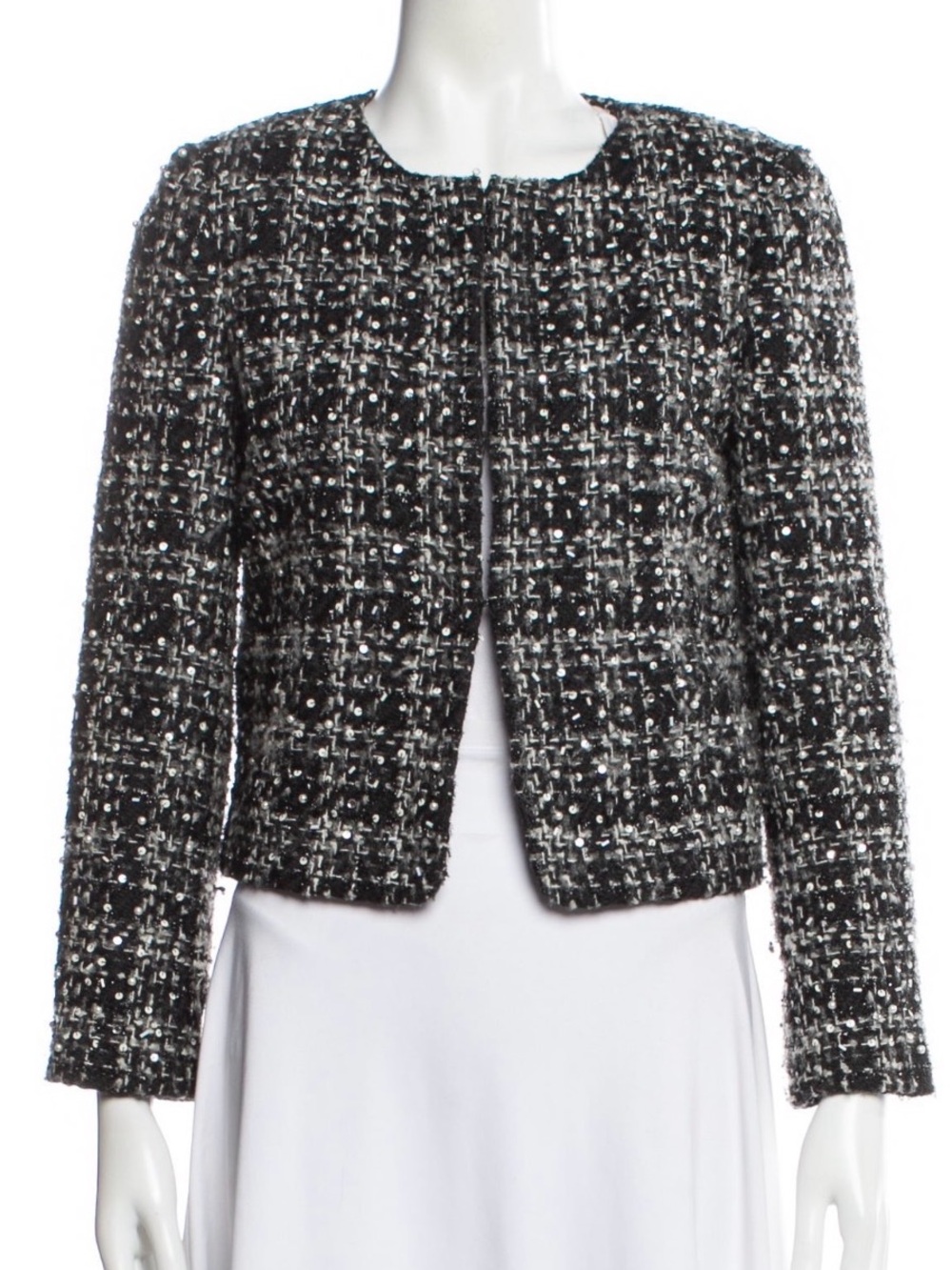 Alice + Olivia Black and White Tweed Open-Front Jacket